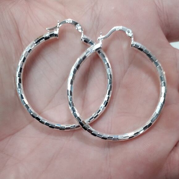 925 Sterling Silver Hoop Earrings 2" inch Geometric Disco Christmas Birthday NEW - Picture 2 of 7